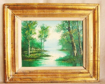 Vintage Landscape Painting, Original Fine Art, River, Nature, Oil Painting, Framed, Serene, Shoreline, Greens, Framed, Gilt, Woodland Scene