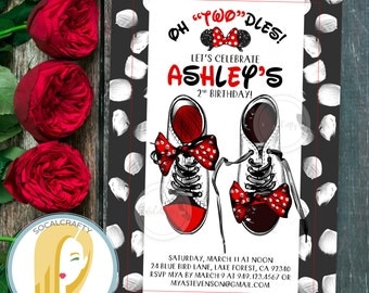 Minnie Mouse Birthday Party Invitation, Minnie Mouse Invitation, Oh Twodles Invitation, Black Red, DIY, Printable or Printed Invitations