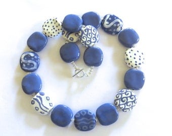 Kazuri Beaded Necklace, Fair Trade, French Blue and White Ceramic Necklace