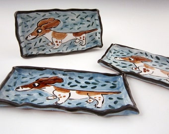 Ceramic Spoon Rest - Ceramic Tray - Black and Brown Pied Dachshund Wiener Dog - Pottery Tray Small - Majolica - Sushi Tray - Butter Dish