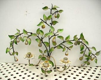 Shabby Chippy Vintage Large Italian Tole Pears Wall Sconce Candelabra