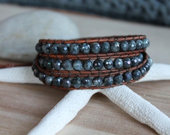Labradorite Gemstone Wrap Bracelet, Wrap Bracelet, Labradorite Bracelet, Brown Leather Cord, Bohemian, Boho Chic, Gemstone Bracelet, Beads