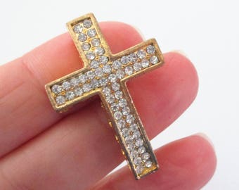 1 Cross Connector - Gold Cross Necklace Link - Sideway Cross Curver - Clear Rhinestone - Bracelet Necklace Componenet - DIY Jewelry Findings