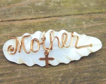 Mothers Day Pin. Christian. Mothers Day Brooch. Mother of Pearl. MOTHER Brooch. MOTHER Pin. Religious Cross Pin. Religious Cross. Brooch.