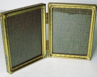 Vintage 3.75"x2.75" Folding Brass Picture Frame, Metal, Glass Covered, Holds Two Photos, Ornate Design