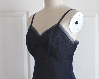 1950s Navy Blue Lace Lingerie Slip Vintage 50s 60s Vanity Fair Sheer Floral Lace Full Slip . Size Bust 36