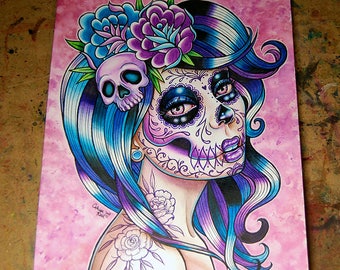 Day of the Dead Pin Up Girl With Sugar Skull Tattoos