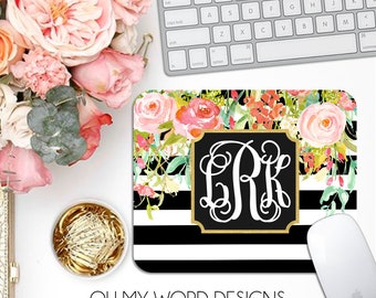 Monogram Mouse Pad-Desk Accessories-Watercolor Flowers and Stripes-Monograms-Mouse Pad-Flowers-Desk-Personalized Mouse Pad