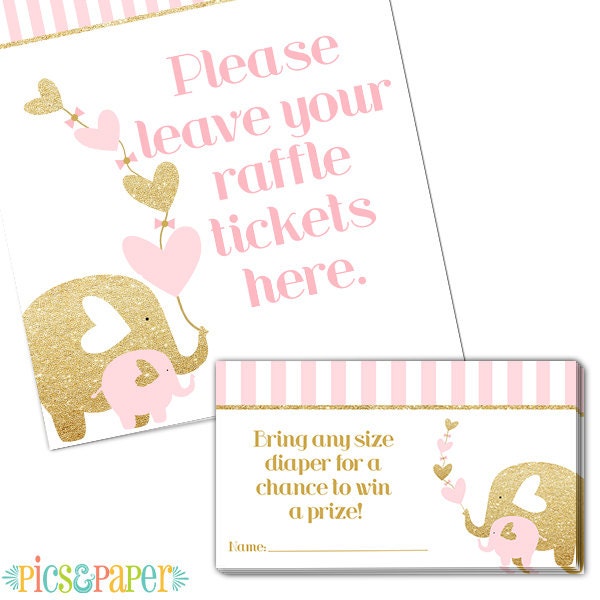 Pink and Gold Elephant Diaper Raffle Tickets with Matching