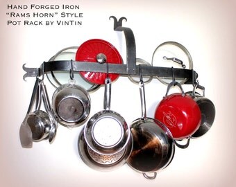 Hand Forged Iron Steel Metal Blacksmith "Rams Horn" Pot Rack with Hooks by VinTin