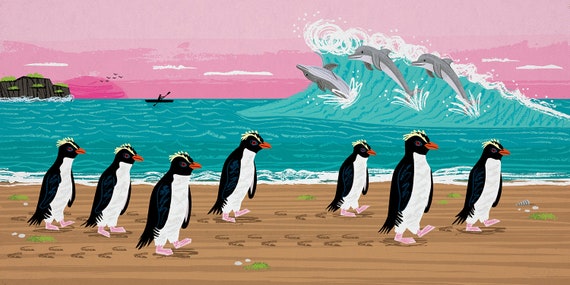 Penguins and Dolphins - Nature / Wildlife - Childrens Art - Animal Art - Kids Art - Limited Edition Art Poster Print by Oliver Lake