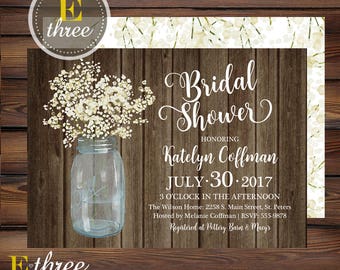 Rustic Bridal Shower Invitation - Baby's Breath Barn Wedding Shower Invite - White Floral, Mason Jar, Wood