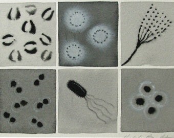 Black and White Bacteria - original watercolor of microbes