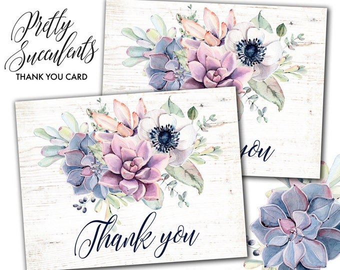 Sweet Dainty Floral Succulent Boho Chic Folded Type Printable Thank You Card, Succulent Protea Anemone Rustic