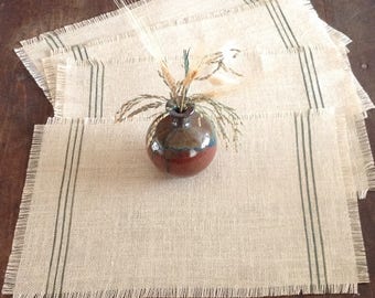 Woodland Green Burlap Placemats, Set of Four Grain Sack Striped Placemats