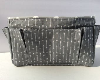 Bag Organizer, purse organizer, purse insert, grey/white arrow print paired with grey/white chevron with 12 pockets