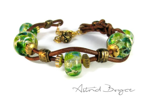 Greenery Gears Layering Stacking Bracelet with Bali Charm -Handcrafted Lampwork Beaded Bracelet with Leather and Pewter-Boho bracelet-rustic