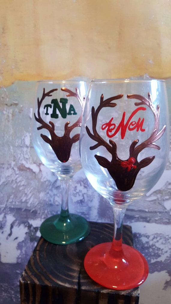 Monogram Christmas Wine glass, reindeer wineglass, holiday wine glass, deer wine glass,