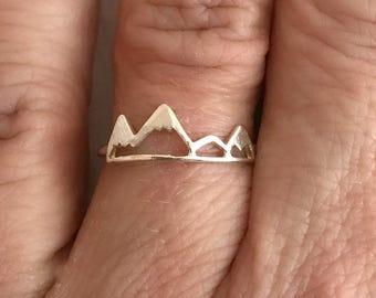 Sterling Silver Mountain Ring, adjustable band .925 travel adventure delicate mountains range hiking biking climbing gift for girlfriend