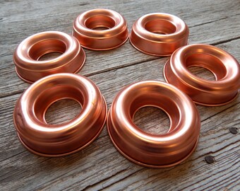 Set of six copper finish 3 1/2" jello molds, anodized aluminum copper molds, holiday entertaining