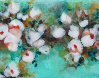 Original Encaustic Abstract Floral Painting - White Flowers Turquoise Sky - Encaustic Art - Beeswax Painting - Small Painting - KLynnsArt