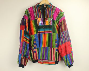 Vintage GUATEMALAN JACKET Coat Bomber Rainbow Colorful Ethnic Tribal Boho Indie Festival Embroidered Made in Guatemala Size XL