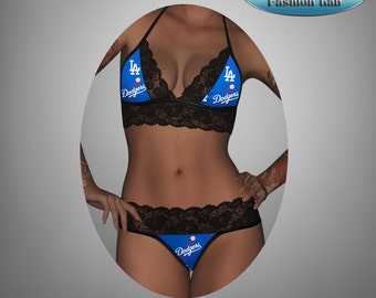 Sexy handmade with MLB LA Dodgers fabric with black scallped lace accent top with matching G string panty lingerie set