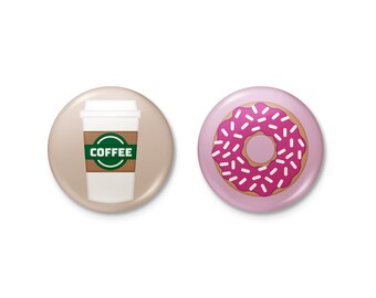 Coffee & Donuts Pinback or Magnet Button Set | coffee donut starbucks
