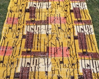 Midcentury Modern Retro Turkish Oushak Rug,Low Pile Hand Knotted Wool Area Rug,Vintage Decor Stunning Color Combo Home Floor Rug 3'4''x6'2''