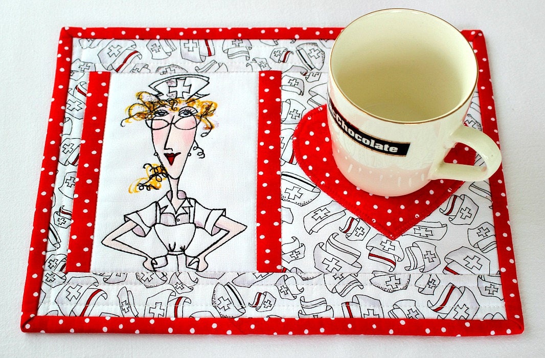 Nurse Mug Rug Quilted Medical Snack Mat Red White Mug Rug