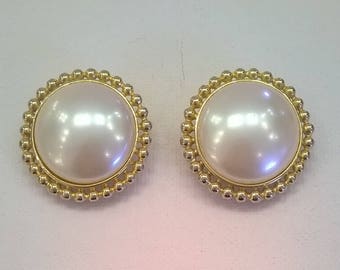 Vintage Round Earrings with Faux White Pearl Center and Gold Metal Rims - Large Clip On Earrings