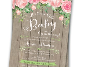 Rose Baby Shower Invitation Boho Baby Shower Floral Baby Shower 5x7 Rustic Chic Baby Shower Shabby Chic Roses Babies Breath