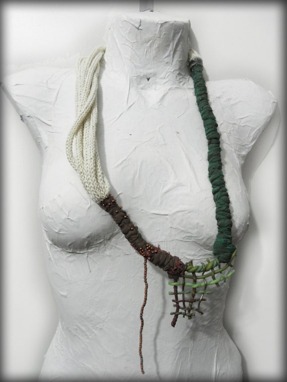 Unique organic mixed media necklace artistic jewelry green