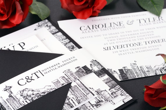 Wedding Invitations - DEPOSIT TO START City Skyline Suite - Custom Wedding Invites - Cityscape Wedding Invitation Suites - #wdi-178 Il_570xn