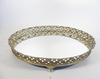 Vanity Dresser Oval Tray Mirror - Vintage Brass Mirror Tray