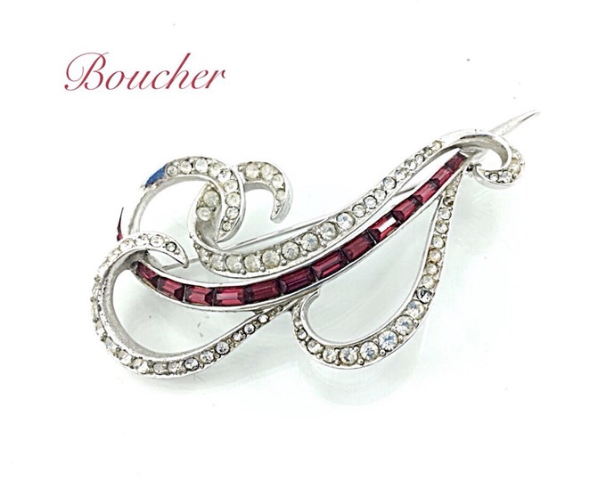 Vintage Designer Brooch, Marcel Boucher Brooch, 1940s Stunning Large Vintage Swirl Brooch Jewelry, Red Pave Rhinestones. 4"