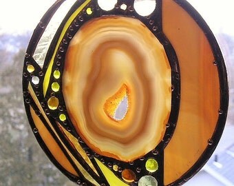 Stained Glass Art Suncatcher|Round Stained Glass with Agate|Natural Agate With Druzy|Gold Glass|Abstract Glass|Handcrafted|Made in USA