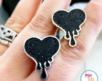 Black Glitter Bleeding Heart Enamel Pin - Dripping with Love Black Glitter Heart Lapel Pin - Gold Metal or Silver Metal Black Heart Pin