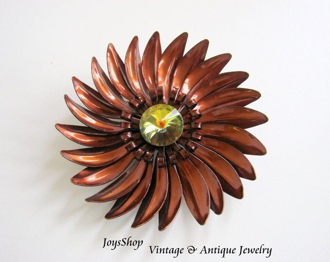 Large 1960s Copper Enamel Green Rivoli Glass Floral Metal Brooch Vintage Jewelry Jewellery