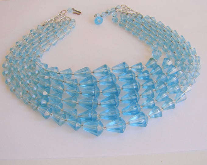 Vintage Sky Blue Lucite Faux Crystal Bead Bib Necklace / Multi Strand / Jewelry / Jewellery