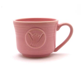 Pink Shaka Coffee Mug: Hang Loose Cup, Cool Gift for Surfers, Hawaii Shakas Aloha Spirit Surfer Girl Handmade Gift for Women - Ready to Ship