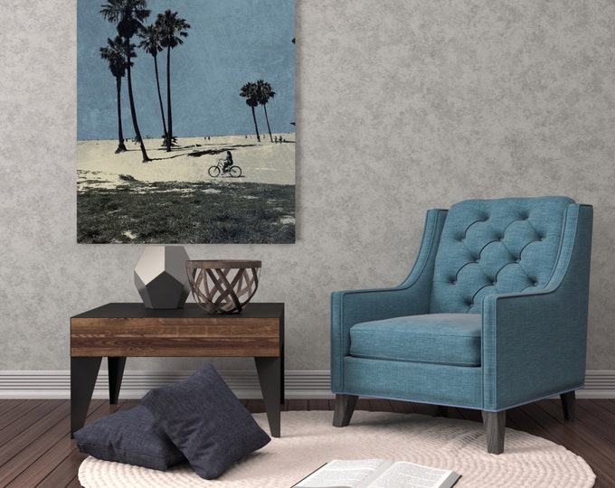 ORL-6980-1 Venice Beach Summer Day, Extra Large Seascape Rustic Blue Canvas Wall Art Print Large Canvas Print up to 72" Beach Art