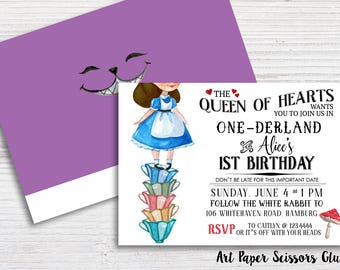 Alice in Onederland Invitations/ Birthday Invitations/ Birthday Invites/ Onederland Party Invitations/ Tea Party Invitations/ Baby Shower