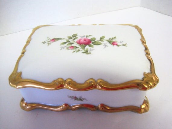 Rosenthal Trinket Box - SELB Germany - White Porcelain Roses - Gilt Edge - Vanity Box