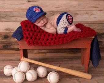Newborn Chicago Cubs Cubbies Outfit Uniform Set, Hat, Cap, Pants, Knitted Crochet, Baby Gift, Photo Prop, Baseball, MLB