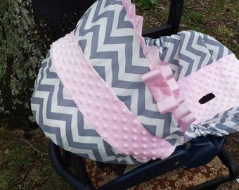 Pink Grey Chevron Stripe light pink minky baby car seat cover infant seat cover slip cover Graco fit or evenflo universal