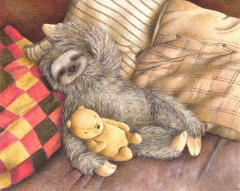 Sleeping Sloth, Art Print, Nursery Decor, Kid's Bedroom Art, Cute Nursery Art