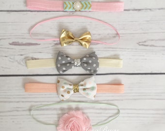 Five Baby Girl Headband Set-Girls Headbands-Rosette Headband-baby bow Headband-Photo Prop-Baby Shower Gift-newborn headband set-newborn bow
