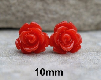 Red Rose Studs, Red Earrings, Acrylic Rose Studs, Resin Rose Earring, Red Rose Earrings, Handmade Earrings, Rostone, 10mm Studs