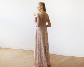 Open back lace maxi dress, sleeveless blush bridesmaids gown 1141